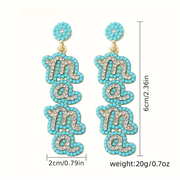 Baby shower Mama blue seed beads and clear rhinestones drop earrings baby boy - Picture 2 of 3